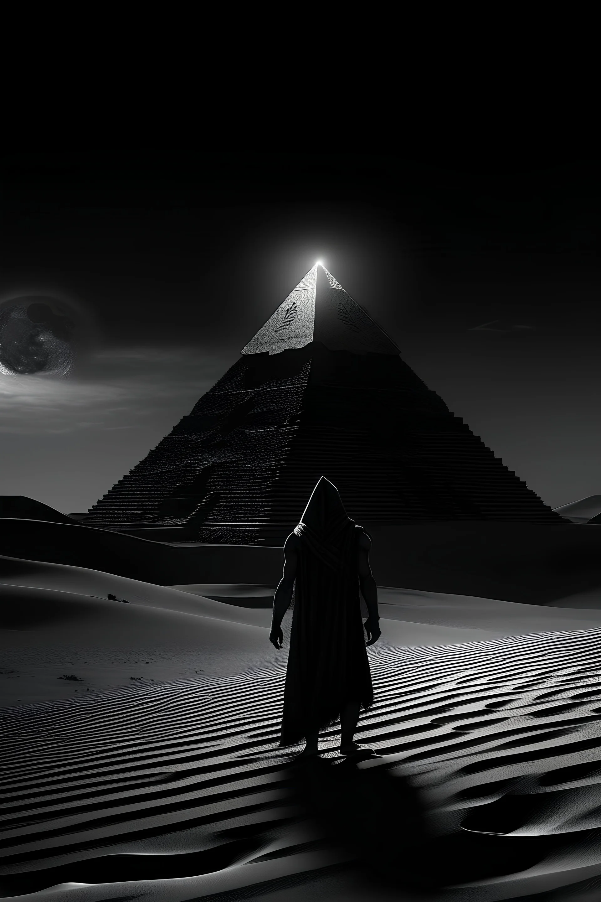 "A cinematic black and white YouTube thumbnail for the horror story 'Whispers of the Sands'. The image shows an uncharted ancient Egyptian pyramid under a star-filled sky. Jonah, a seasoned traveler, stands with his back to the viewer, facing the pyramid. He's holding a light source, creating dramatic shadows around him. The desert dunes surround him, adding to the scene's mystique. The pyramid's entrance emits a strange, ethereal light, suggesting an otherworldly presence.