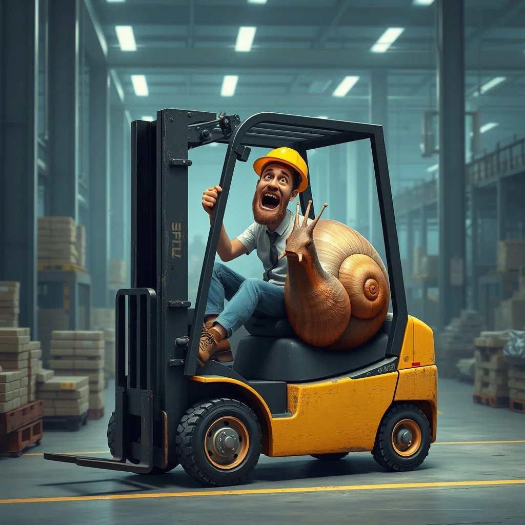 A giant snail in a factory driving around in a forklift, and are in the way for every worker, a man in Atlet forklift screaming and are angry at the snail