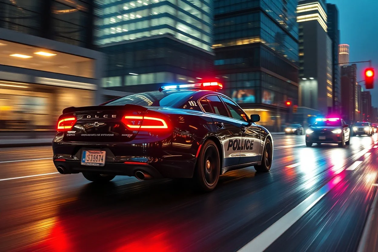 Ultra realistic action photography of a high-speed police car chase through a modern city at night, flashing sirens reflecting on wet asphalt, motion blur, realistic urban environment, dynamic movement, cinematic but documentary realism, shot on Canon EOS R5, 70mm lens, f/2.8, ISO 1600, RAW photo, HDR, natural lighting, true-to-life colors, professional action photography, ultra photorealistic, highly detailed, sharp focus, masterpiece, 8k