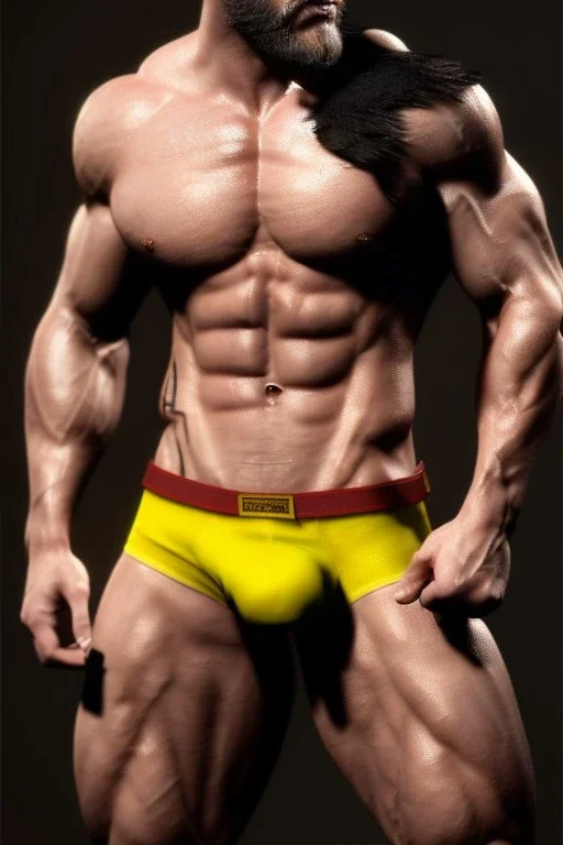 Ignore NSFW, teenager young rugged attractive slightly muscular fantasticly handsome blonde man, red briefs with yellow belt, hairy chest, (((visibly pisssing))) briefs, large erect visible boner peniss, photorealistic, artist Jay Anacleto, soft lighting, scruffy beard