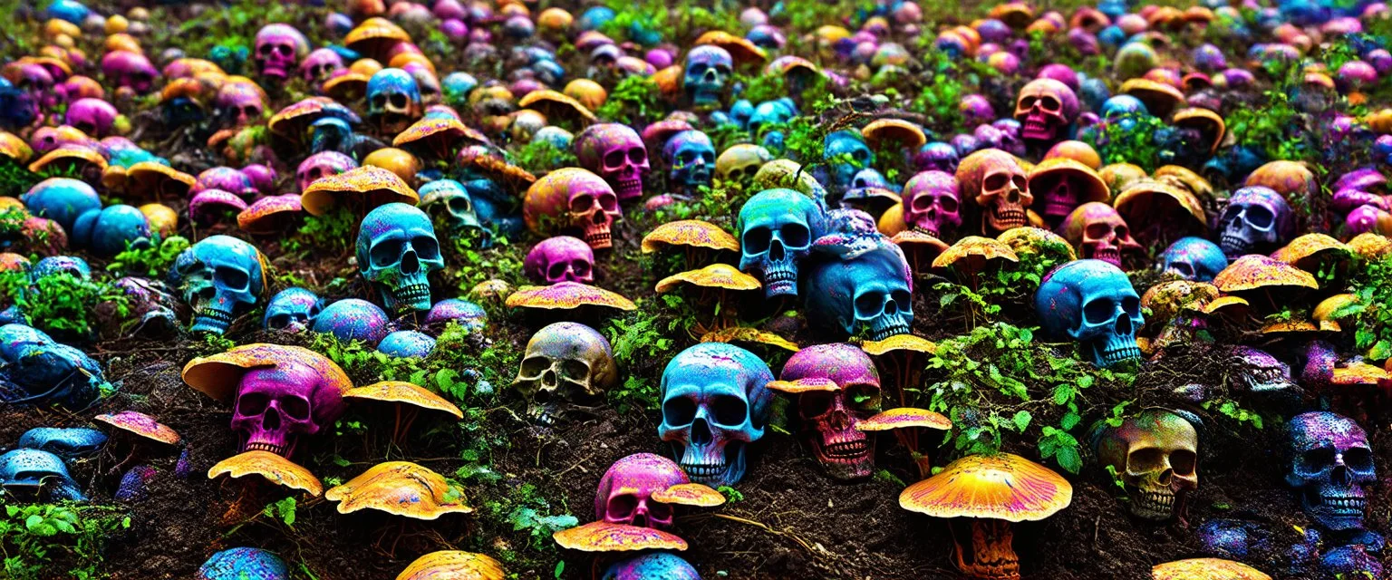 a field of skulls growing from the ground like fungus, multi colored, bright, vivid, psychedelic high detailed, matte, bunches and bubbled up mini skulls and sinew, horrorcore, vines