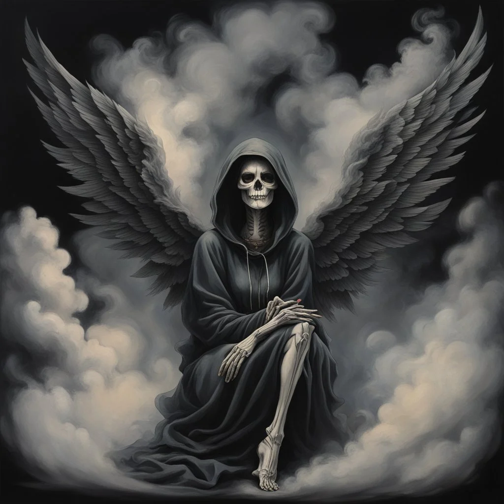 women sitting on a dark background. Her their face turned upwards and blows cigarette smoke from their mouth, The dominant colors are black and gray. It depicts a figure with wings emerging from its back. a hooded skeleton can be seen behind the clouds of smoke.