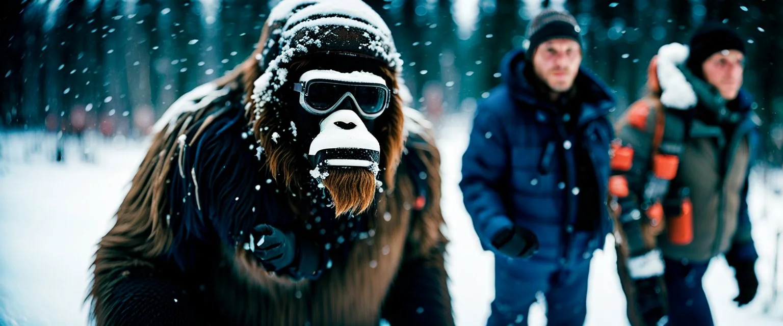 close up documentary photography, Yeti, Bigfoot, Dystopian, Japanese, Extreme depth of field, bokeh blur, winter, blizzard, Alberta, all-natural, in the style of candid, imperfection, natural lighting, Professional shot, shot on Agfa, Fuji Film, Anamorphic lens, November, 1980s, --ar 4:5 --w 150 --style raw