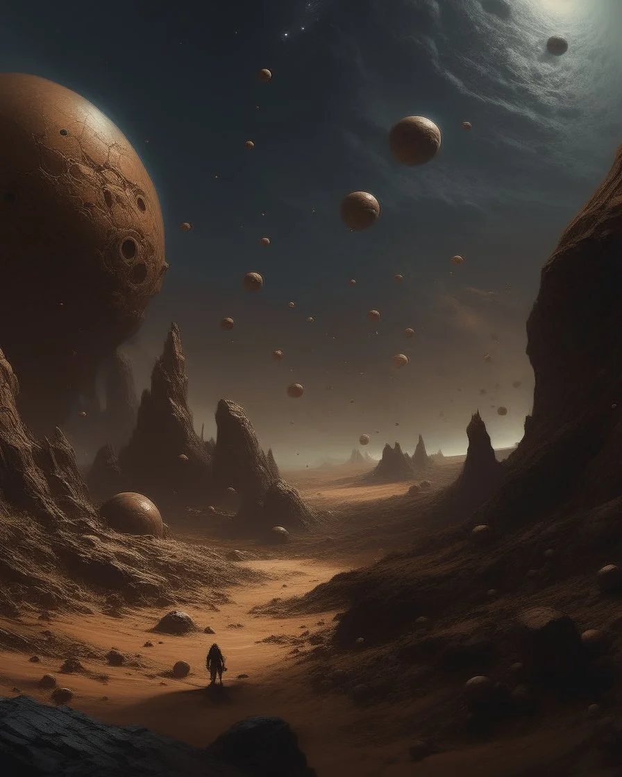 A brown outer space with giant asteroids painted by Zhang Lu