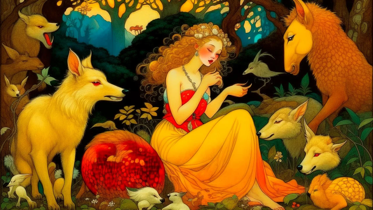 A delicate, woodland nymph with cascading, golden curls cradling a small, bleating lamb, shielding it from the piercing gaze of a large, growling wolf lurking in the shadows. Nearby, a nimble, chestnut-furred doe bounds away from the muscular form of a mighty, golden-maned lion, as a pair of pure white doves take flight, escaping the shadow of a soaring, brown-feathered eagle.