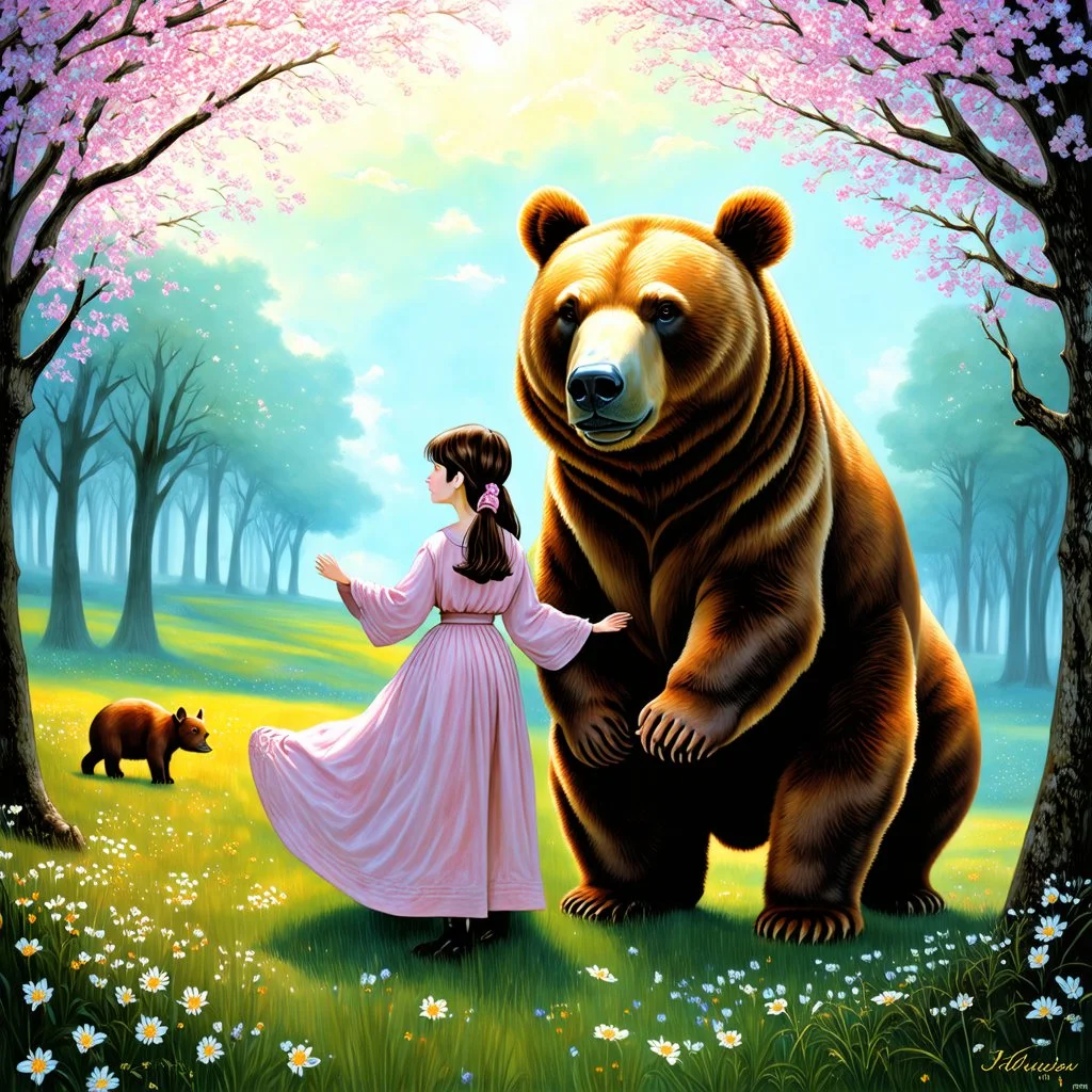 The girl and the brown bear, fabulous, dreamlike, children's story, anatomically correct, figures completely in the frame, no writing, no numbers, in the Style of Vania Zouravliov, Sherry Akrami, Ivan Bilibin, Maria Sibylla Merian, Alex Almany, Daniel Merriam, Jean Baptiste Monge, Iwona Lifsches Modifiers: bokeh digital painting elegant extremely detailed Award winning photography fantasy intricate 8k very attractive award winning imperial colors fantastic view 4K 3D crisp quality hdr very cute