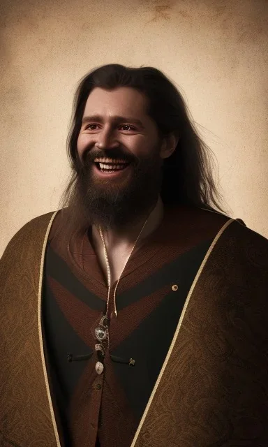 An ethereal laughing long haired bearded tall man wearing rugged long merchant's coat a cape and gold earrings and jewelry. medieval fantasy, black background