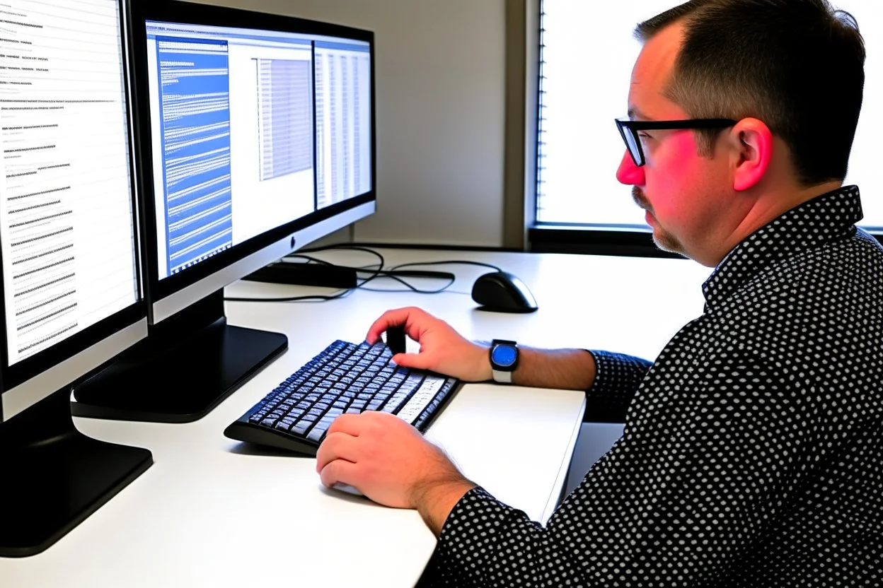 Someone sitting in front of a computer checking information and sources.