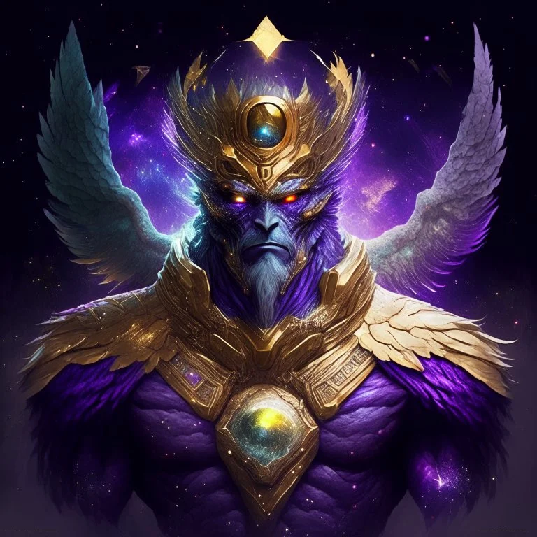 A creature with a combination of eagle and human head God-like man with infinite power who owns the galaxies and wears a beautiful crown with thanos Infinity Gauntlet