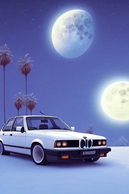 1980's aesthetic vaporwave palm trees with lighting with moon with bmw in the winter snow