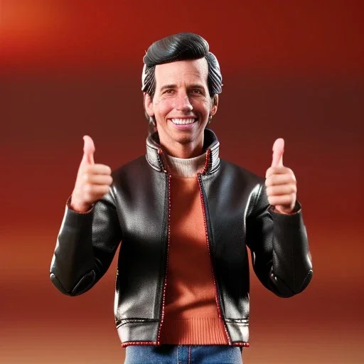 wide view uoung Plastic Fonzie with blackhair toy Action figure doll 1975 realistic (thumbs-up) (face) Forehead grin, fonzarelli, jukebox background, eyes