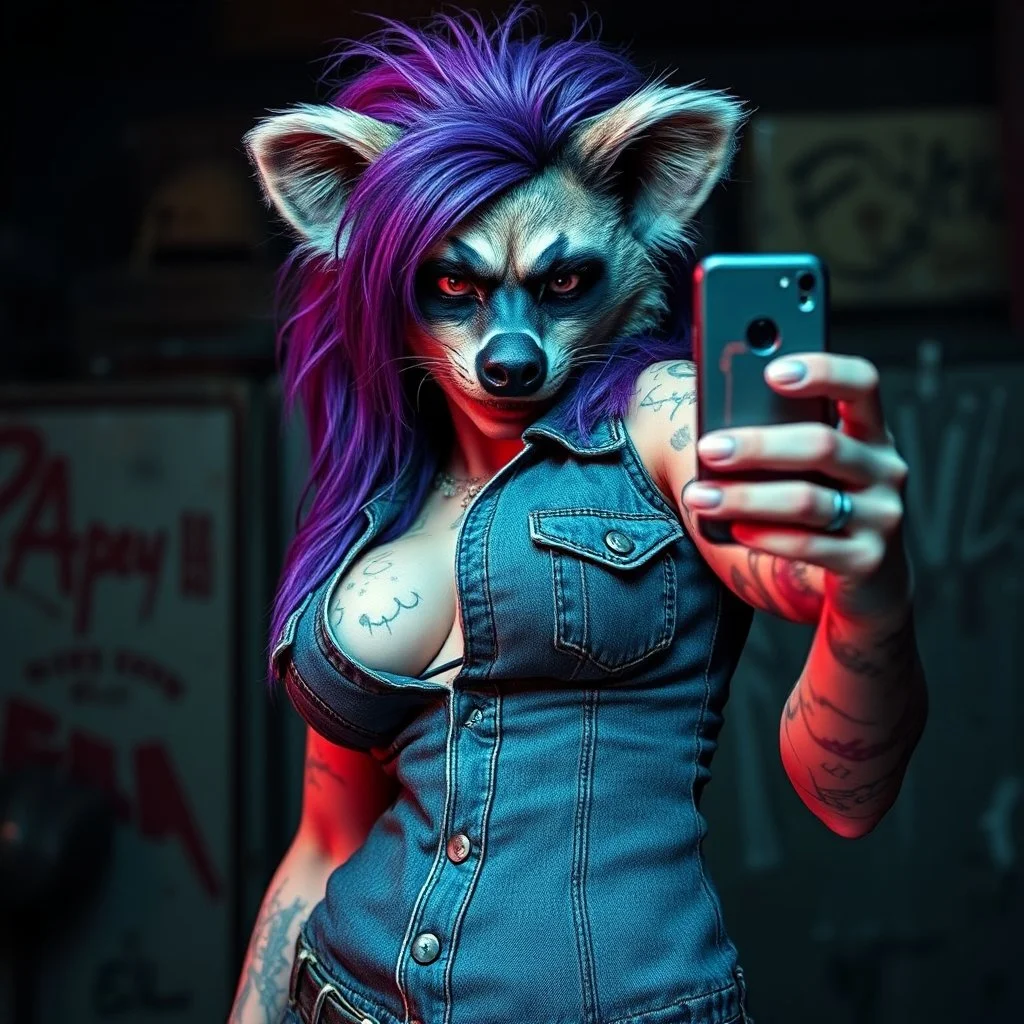 SCUZZPUNK AESTHETIC: FILTH, GRIME, STINK... SCUZZ. And a DEVIL-MAY-CARE FLIRTATIOUS SASSY IRREVERENCE. Denim vest, purple hair, anthropomorphic curvy, bottom-heavy she-hyena posing for a selfie