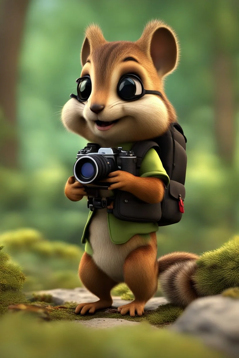 Cute 3d animated chipmunk, she is a photographer with backpack and camera