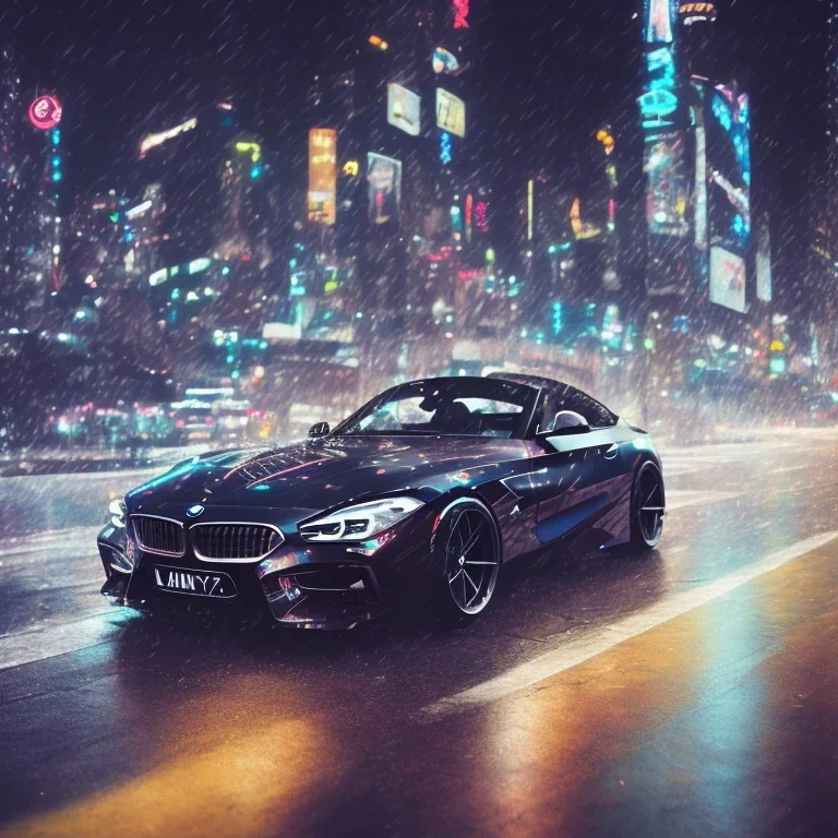 black 2022 BMW Z4 in the rain in a big city with lots of neon lights at nighttime