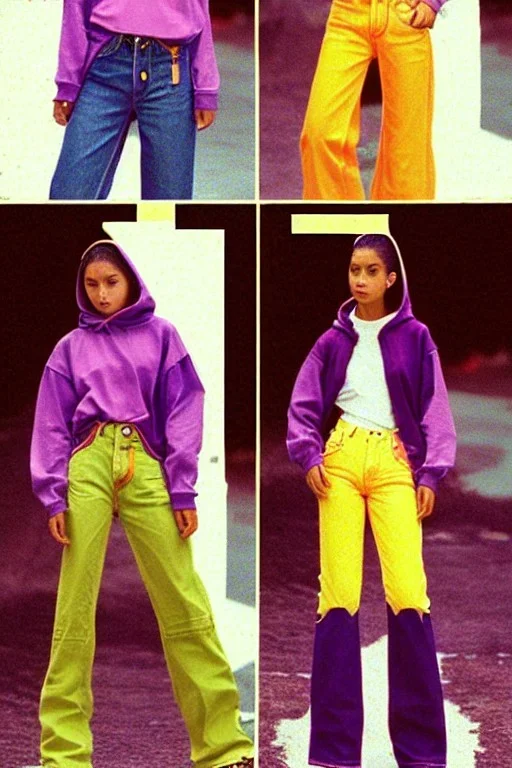 year 1998 women fashion. Loose, baggy, low waist Combat pants, t-shirt, new kind of hoodie with tippet! recycled denim trousers. Colors: denim blue, blue, purple, cream, khaki, "light green", lilac, plum, orange, terracotta, red, light yellow, lion yellow, pink, dark blue, beige. Sturnus vulgaris-print. wide belt. Partly latex or leather. Kylie Minogue, Tyra Banks. leg warmer. Cargo pants and hoodie!