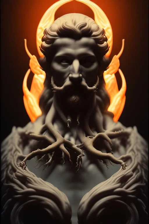 portrait photography of an ethereal beautiful animal god, Fire theme art, Dark moody night atmosphere, Portrait of a man by Michelangelo, 8K, close-up face, anatomically perfect face, oak tree roots, ignore NSFW