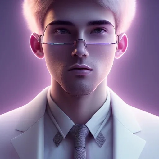 man, cute face, white highlight hair, brown eye, white, skin, purple suits, futuristic, science, purple, blue, pink background lighting, technology, profile, asian boy, square face, eyeglass