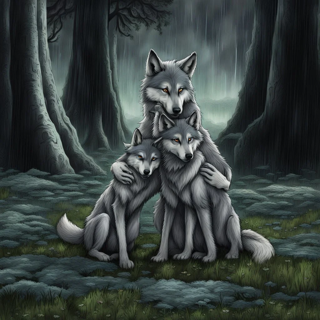 one gray bodyhair anthro wolf-woman hibrid hugs her two anhtro wolf-kid hibrid child on field, in background tall trees wirh big trunks, rain, down on blue-green moss, hug each other , rainy day, high contrast, high detalied, atmospheric, dark fantasy, sci-fi mood