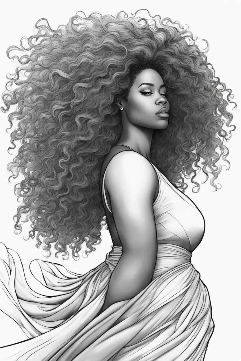 Create a coloring page of a beautiful black curvy female looking to the side with curly wild hair blowing in the wind. No shading, No color, no gray, white back ground