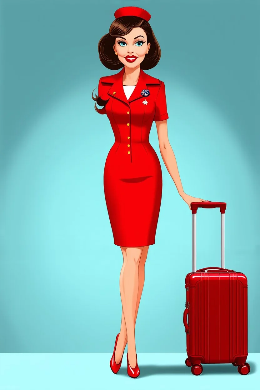 pin-up style realistic cartoon of 50 year old brunette stewardess in short and tight red uniform dress with very red lips and long eyelashes, shiny red heels and a cabin suitcase