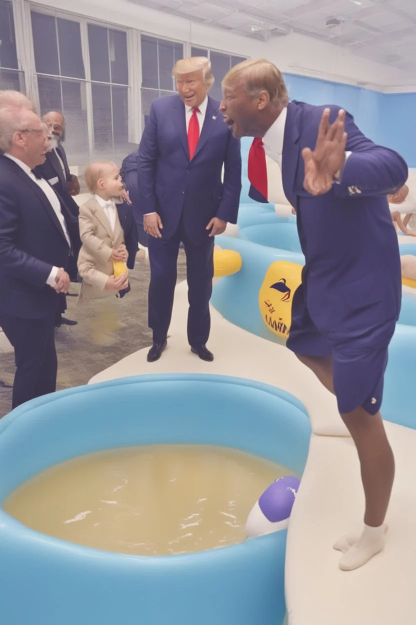 kobe bryant swimming in a baby swimming pool with donaltrump on his right in a suit