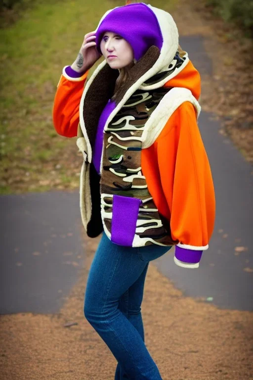 Brunette.thick thighs,thick calves,flat belly,bent fell. big head. Mantle is sewed of upcycled Denim and sewed together of camouflage pieces. Pieces' color are orange, cream and purple. It is with big bright purple felt tippet and cream-colored-hood. mantle is merged with satchel. . Big AKG-style headphones (gold rings!) is merged with small felt cap with small visor. Style: Haute Couture in 1920's, N.Y.C fashion in 1996, inspired by street art. Cream latex gaiter. Her head and rest body!