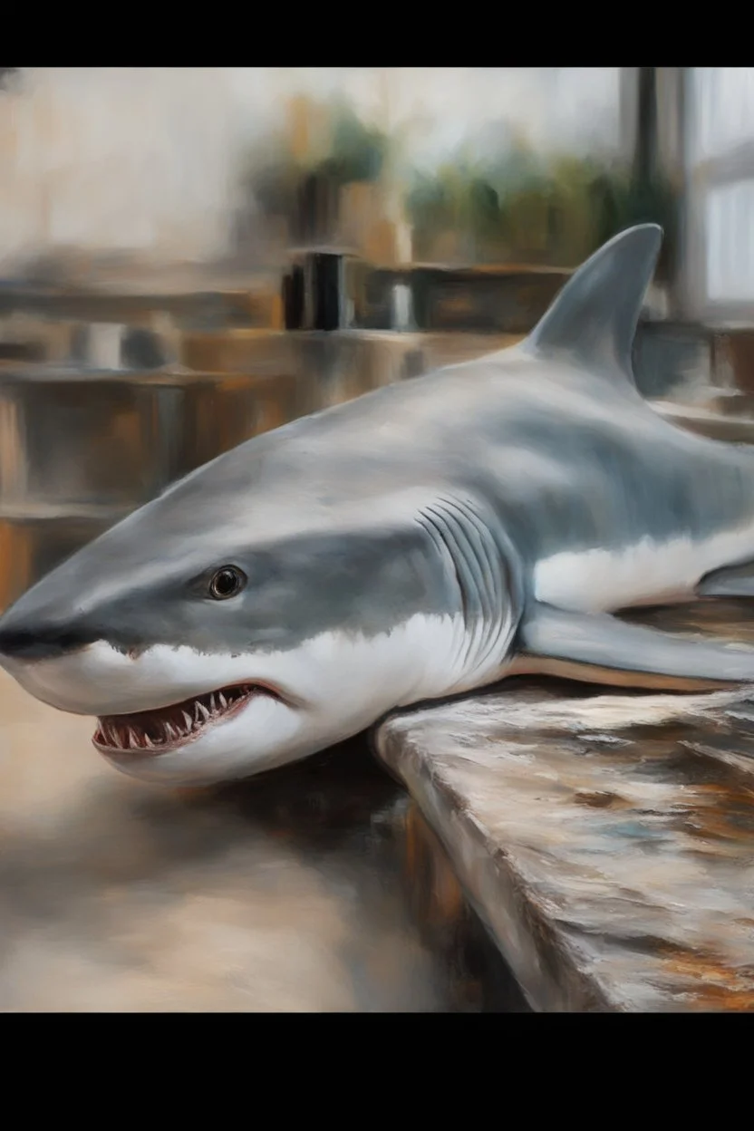 up close realistic oil painting of a shark, in impasto style, thick strokes of oil paint