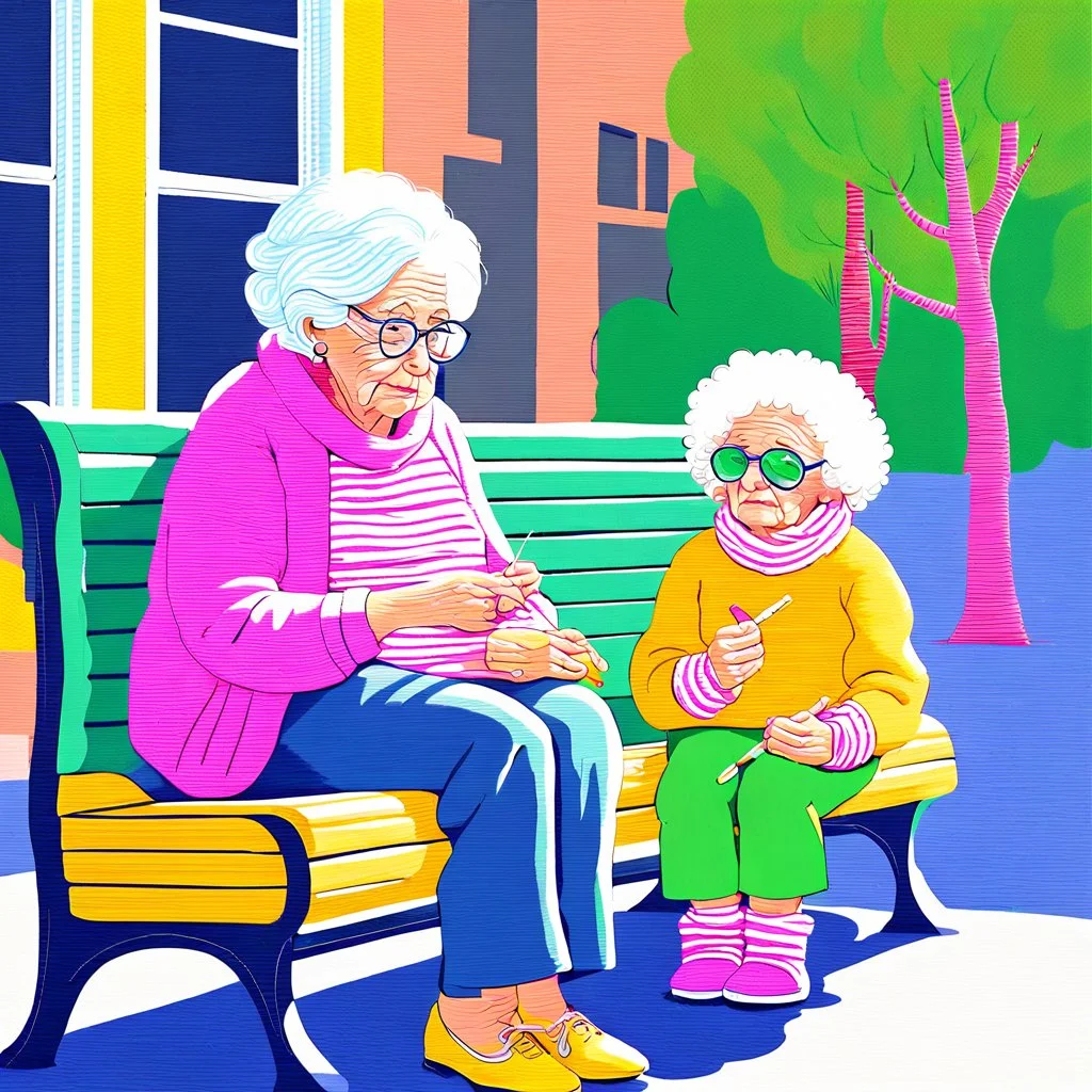 A whimsical painting of an 80-year-old grandmother knitting a yellow sweater on a bench in the boulevard, while next to her on the bench is a 5-year-old little girl knitting a small pink sweater, the grandmother with wild ginger hair and large green glasses, wearing a cozy mustard sweater and striped yellow tights. She sits on a bright yellow green bench, intently focused on her knitting needles and yarn. From around on the bench and on the floor, balls of yarn, a knitting basket and needles sur