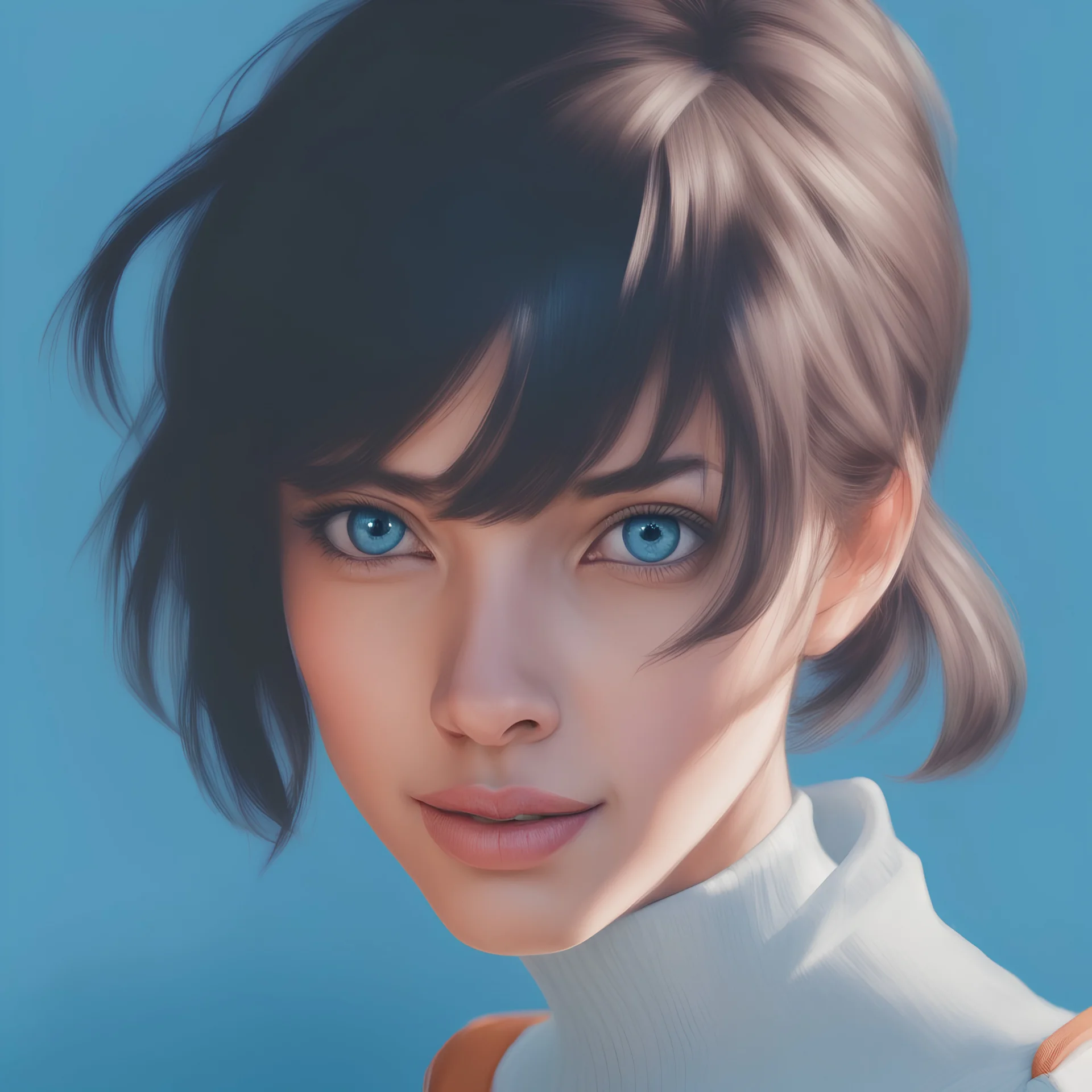 close-up, portrait photo, looking into camera, of a beautiful Indian girl, with bright blue eyes, short hair, professional turtleneck, vibrant blue background, 100mm lens