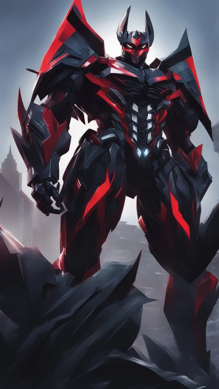 A close picture to Mix between transformers and venom symbiote in solo leveling shadow art style with red details detailsis in fantasy world