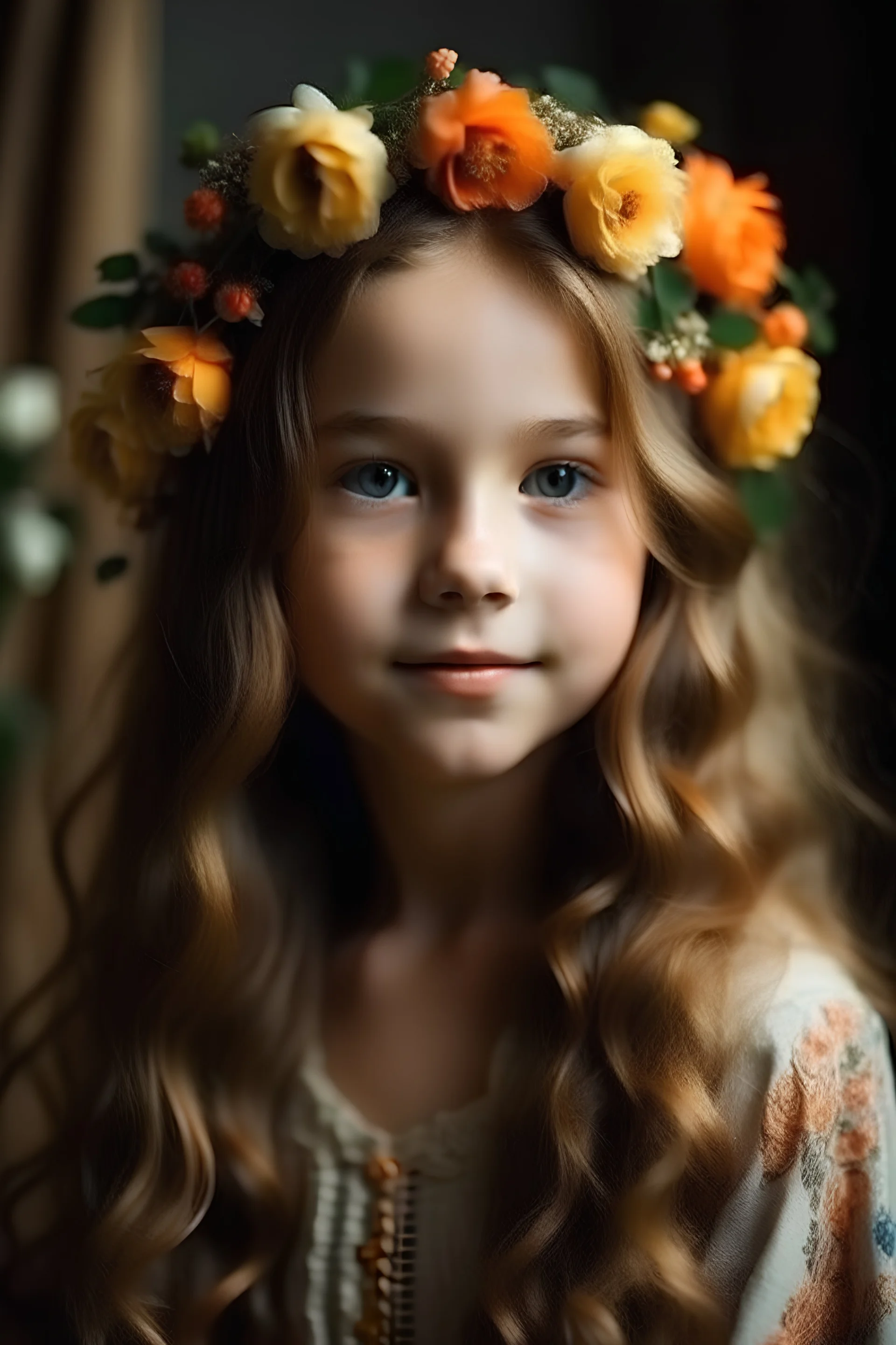 A girl with long hair decorated with flowers