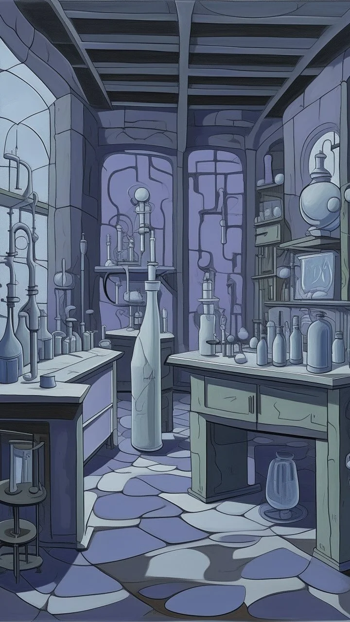 A grayish purple cybernetic laboratory with potions painted by Pablo Picasso