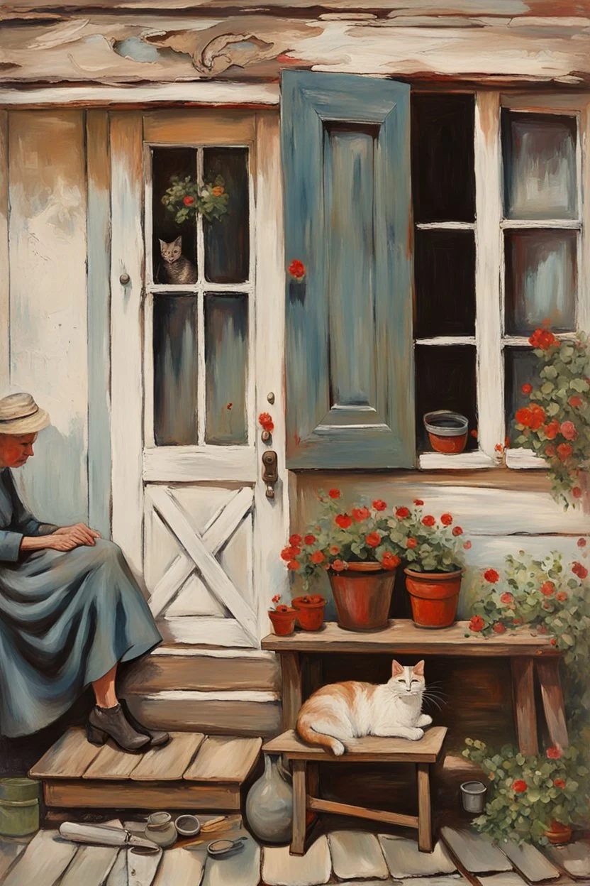 oil on roughened canvas, Textured Scumbling Technique, loose unstructured, Monet brush strokes. vintage feel. Old wooden Open housedoor with peeling paint, window next to door. An old woman with a curled sleeping cat beside her is sitting on an old tatty wooden bench. flowers, and pots. scruffy rundown pop hue of red