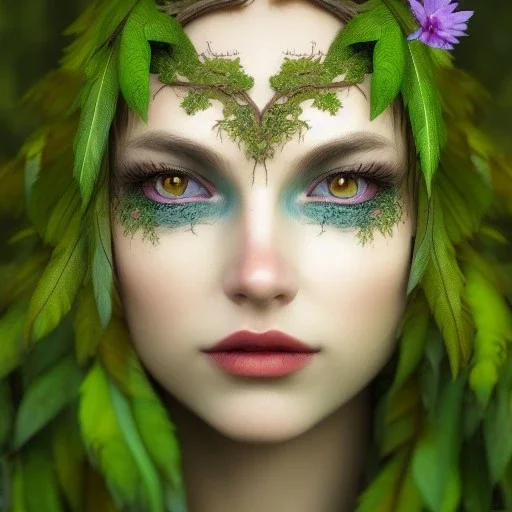 Portrait of beautiful girl, plant, metal, feathers, Dryad, fae, sidhe, ominous, nature, plants, wildflower, facepaint, dnd character portrait, intricate, oil on canvas, masterpiece, expert, insanely detailed, 4k resolution, retroanime style, cute big circular reflective eyes, cinematic smooth, intricate detail , soft smooth lighting, soft pastel colors, painted Renaissance style,bokeh, 800mm lens