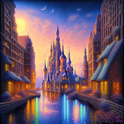 View of a city at nigh decal pointillism bas-relief