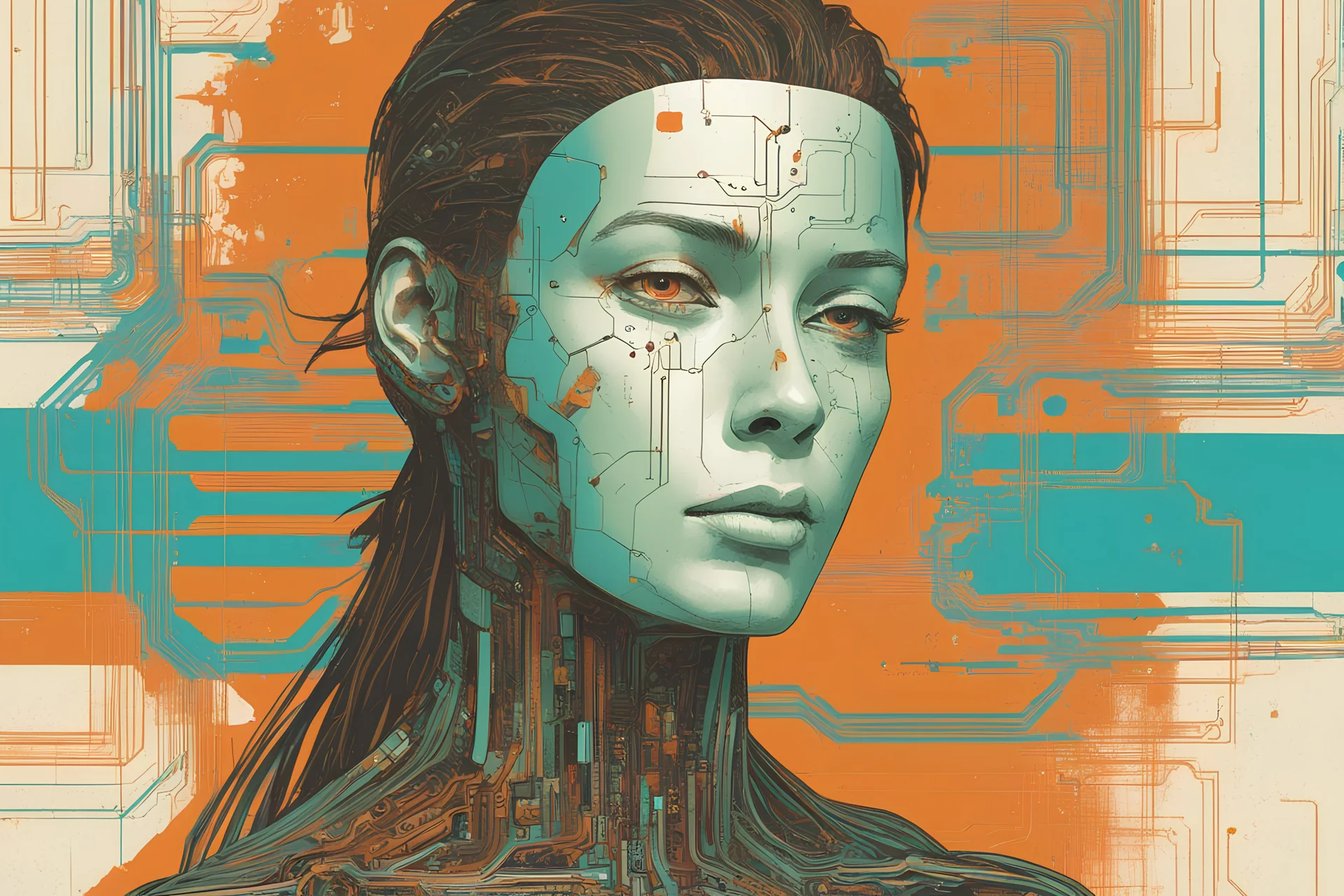 An image capturing the silhouette of an artificial intelligence in human form set against the backdrop of an abstract mass of circuitry. The face should be detailed but without gender and the AI in human form should look friendly. Create contrast using the colors turquoise, and orange. Also use the color: #5E8AC3. Incorporate elements of soviet brutalism and neo-tokyo aesthetics.