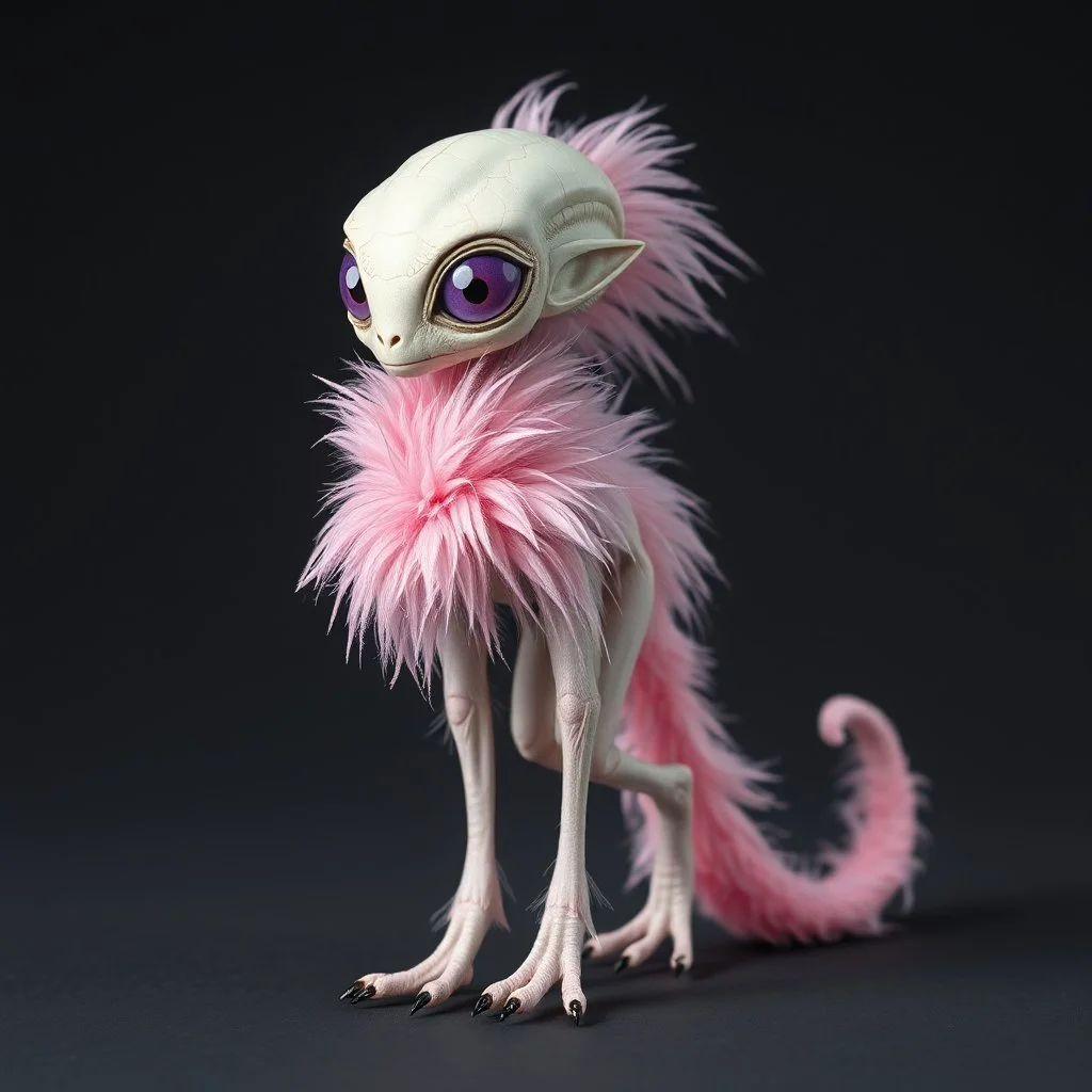 extraterrestrial being, female, walks on two legs, round skull, pastel pink feathery fur covered body, large lavender eyes, long feathery tail, alien, intricately designed, highly detailed