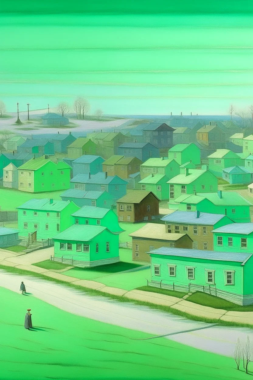 A mint colored town made of harmonicas painted by Birge Harrison