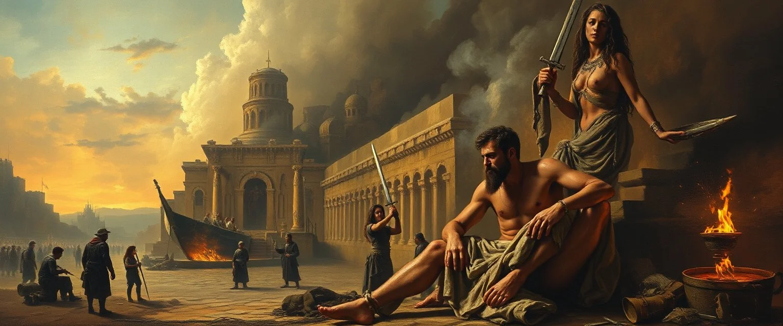 master oil painting by Rembrandt, sodomite in Babylon in the style of Fallout 4