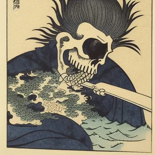 Skull in water smoking by Hokusai