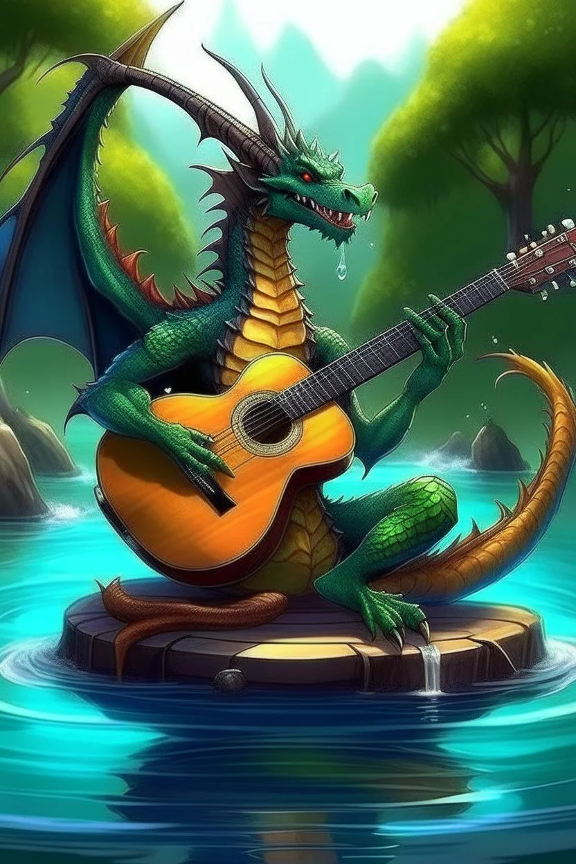 A Dragon water and dampf and play gitare and sit on a cair