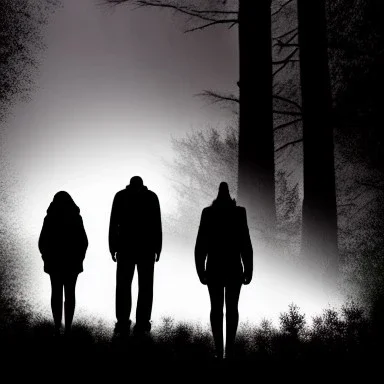 three figures, silhouettes, dark, foggy weather, night, forest, black, horror, art, evil, dark effect, trees, more trees, deep forest, glowing eyes