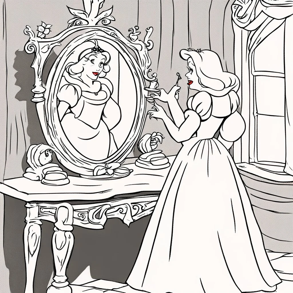 Snow White's stepmother stands in front of the mirror and asks a mirror, a mirror on the wall, who is the most beautiful of them all? From the mirror she sees a picture of an ugly and disgusting witch