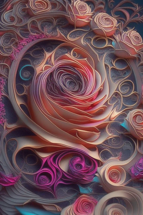 Using morphic resonance to change frequency in the visual field; insanely detailed; quilling; elegant, fantasy, rose tones, beautiful, rapturous