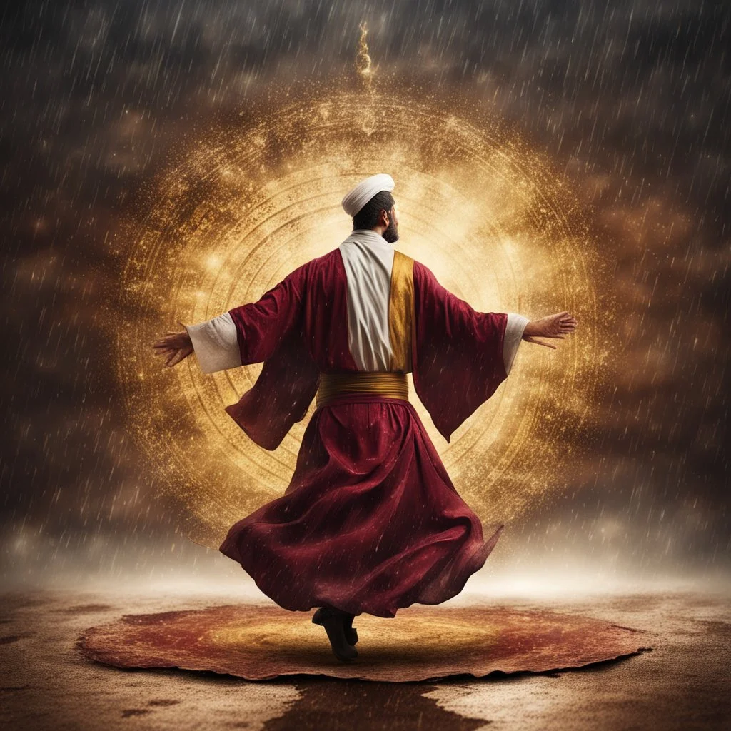 Hyper Realistic Sufi Whirling with Golden & Maroon Islamic Sufi Rustic Grungy Background with thunderstorm at heavy rainy night