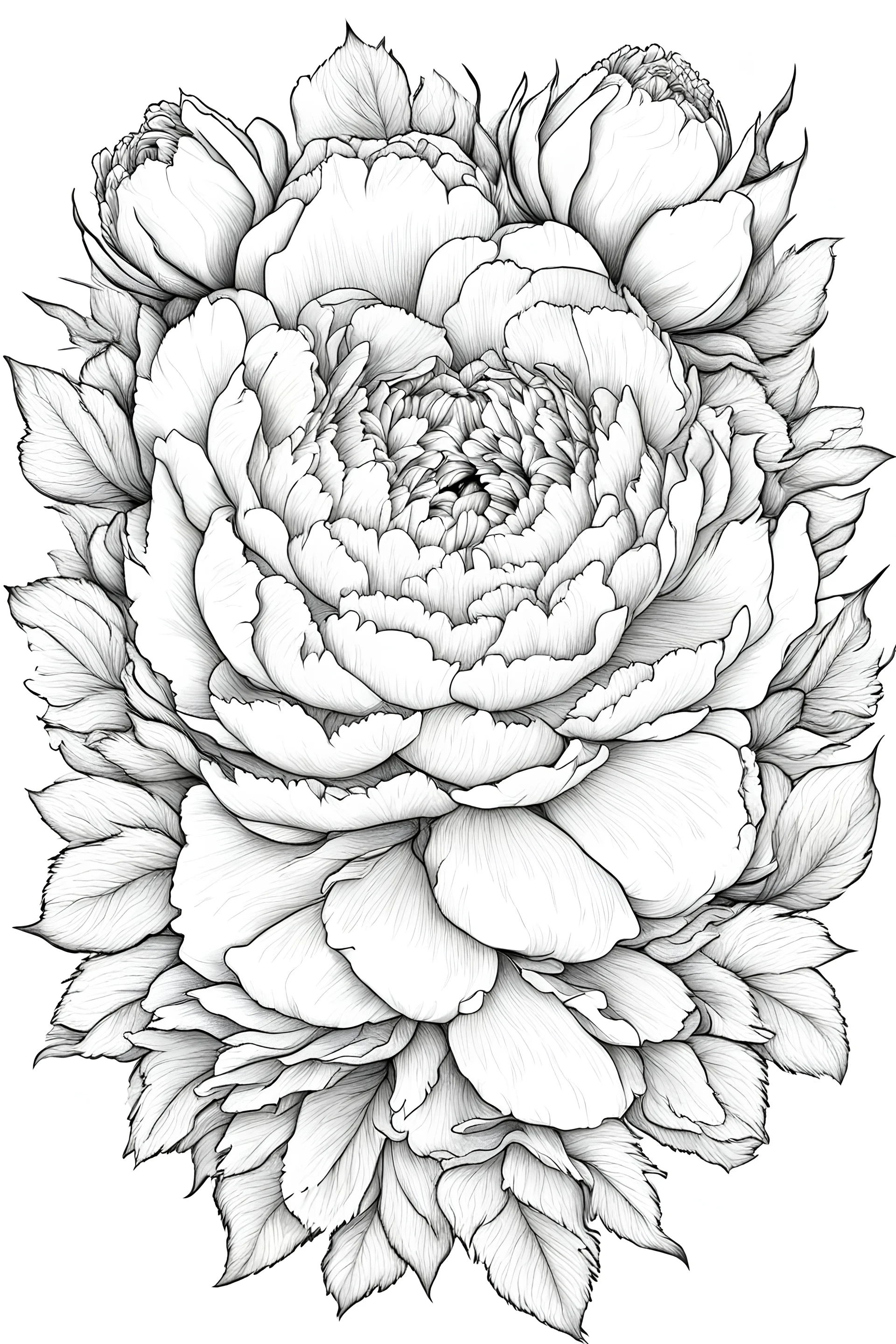 Outline art for wreath of peony flower. Coloring pages with wreatht of peony flower. white backgroud. Sketch style, full body, only use outline, clean line art, white background, no shadows and clear and well outlined. black outline, black and white only. only outline should be black everything else should be white
