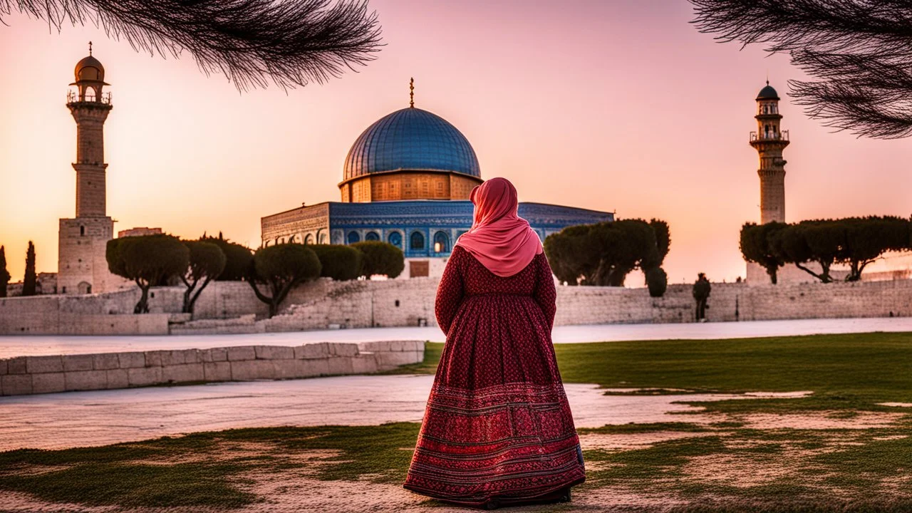 A Palestinian woman wearing an embroidered dress with the Dome of the Rock in front of her during sunset in winter.