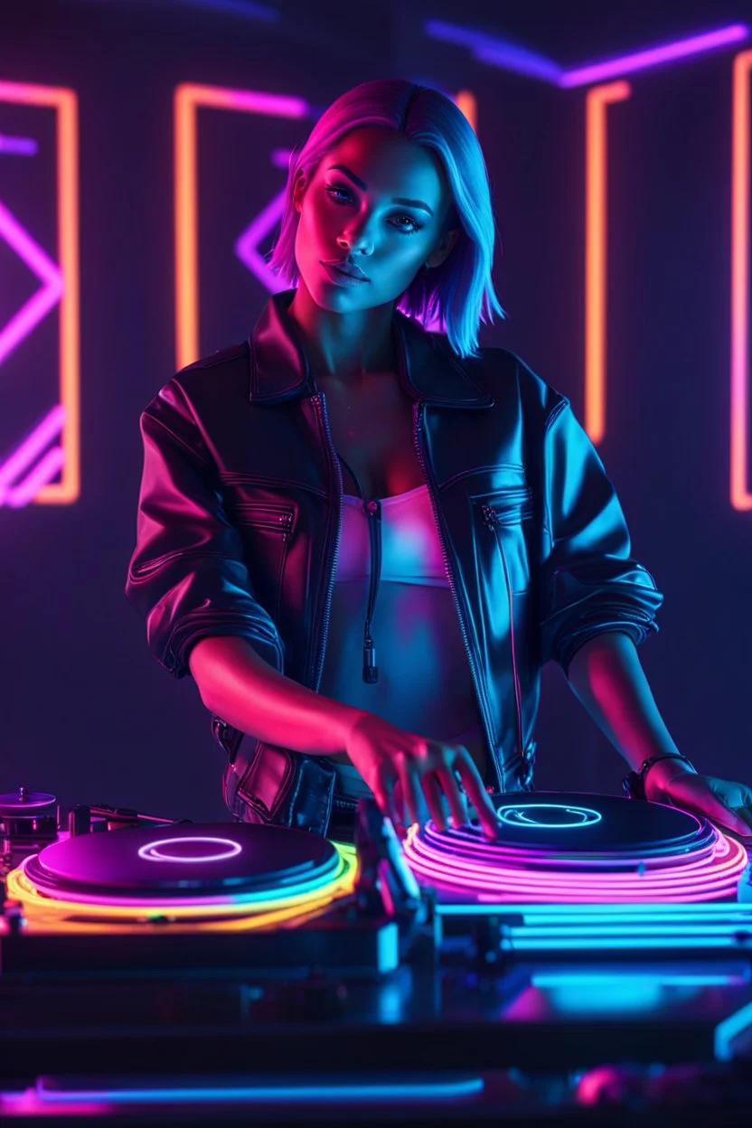 a woman dj player music club disco,in front of a turn table, glowing neon vray, fashion neon light, 3 d neon art of a womens body, neon art, neon digital art, neon coloring, intricate neon circuit pattern, neon glow concept art, colorful neon lighting, iridescent neon, glowing neon skin, neon cyberpunk style, neon electronic, neon art style