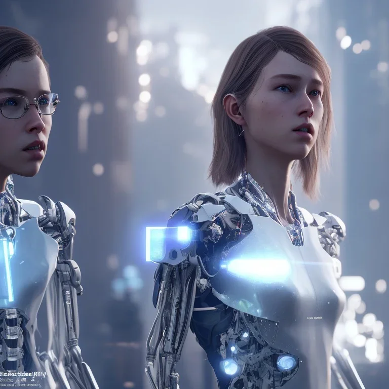 detroit become human, man, young women AI looking at each other, real Handshake, sci-fi fantasy style, volumetric lighting, particales,highly detailed,cinamatic, deep colours,8k.