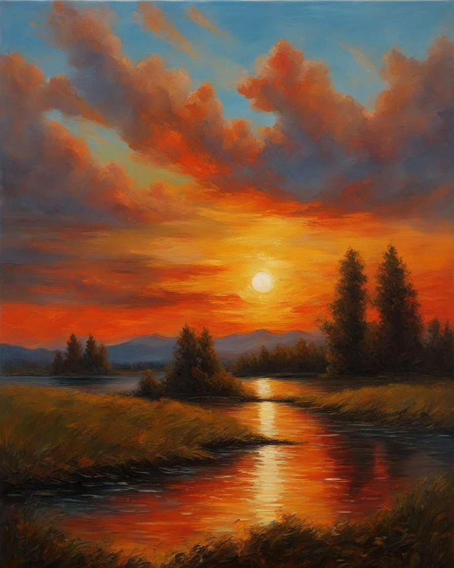 a painting of a sunset over a lake, inspired by J. Ottis Adams, inspired by William Didier-Pouget, inspired by Vladimir Borovikovsky, inspired by Laurits Tuxen, thick impasto technique, inspired by Mykola Burachek, inspired by Guido Borelli da Caluso, colorful oil painting, landscape oil painting